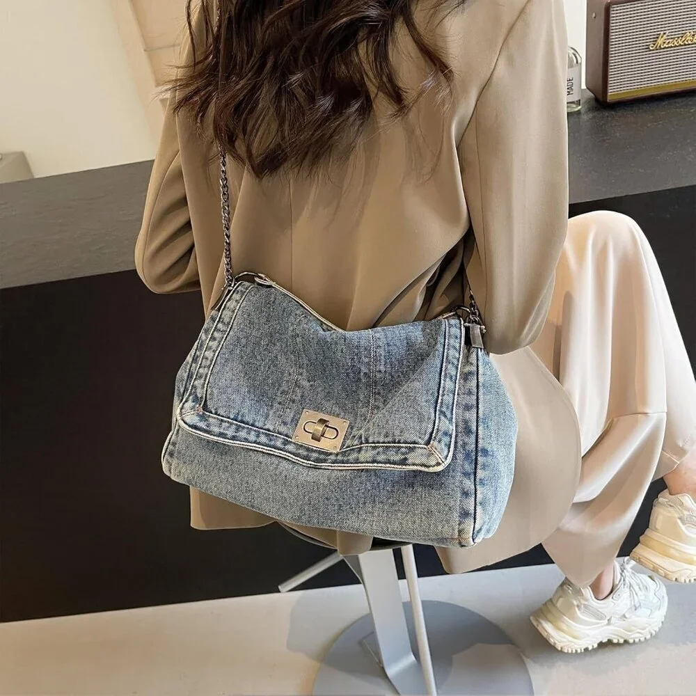 Denim Tote Bag Women Casual Retro Crossbody Shoulder Bag Handbag Durable